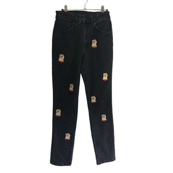 The Ragged Priest Jeans Women's Size 28 Black Cotton Blend Lucky Cat Patch - Picture 1 of 9